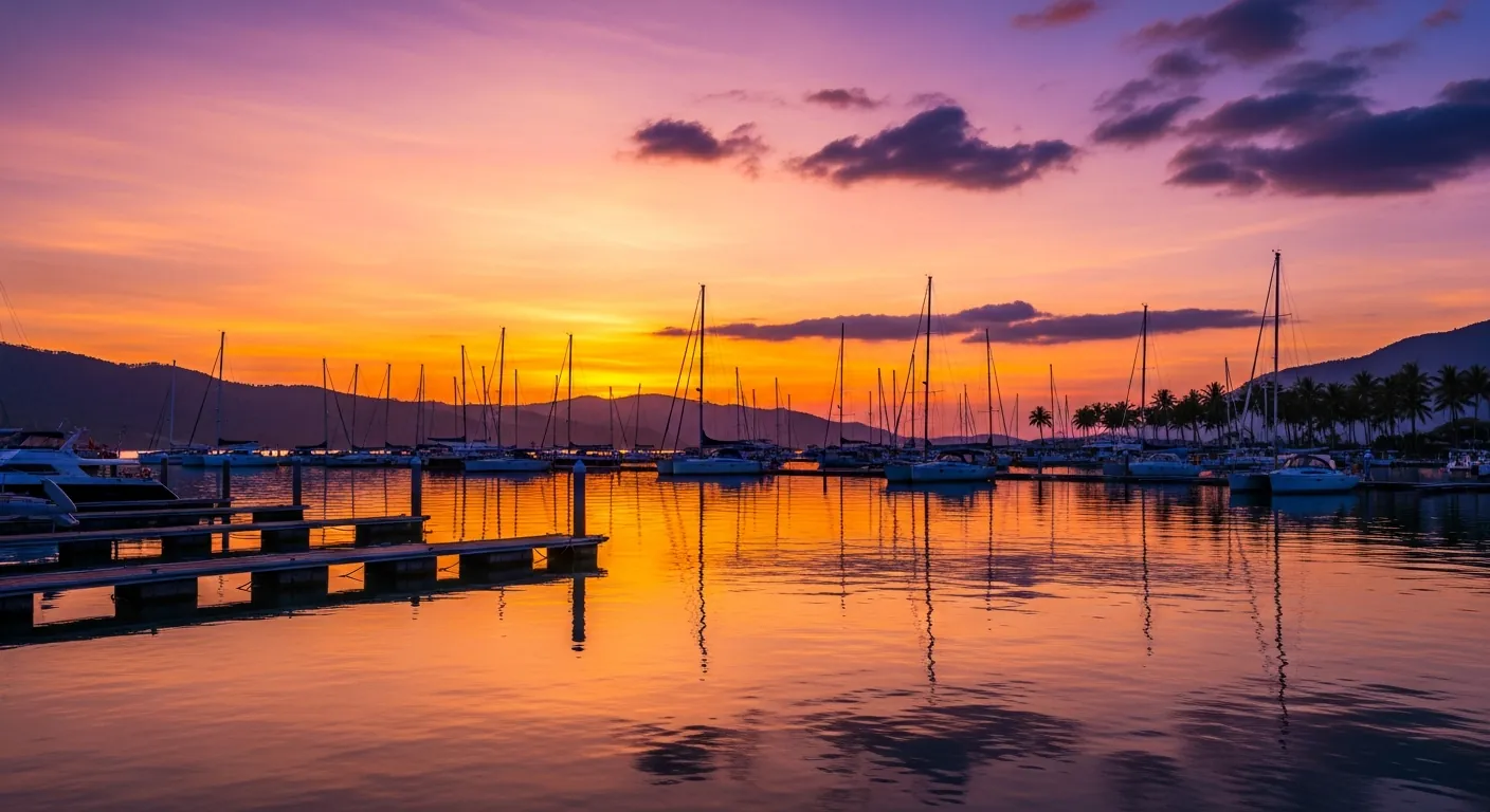 Sunset over Medana Bay marina, North Lombok